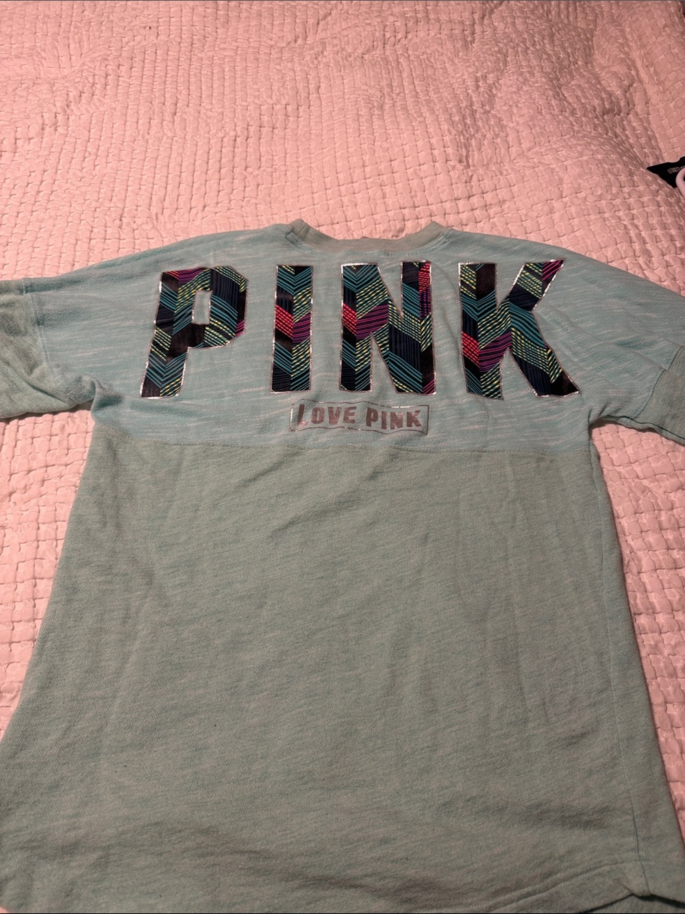 PINK Victoria's Secret Mint Green Short Sleeve Tee with Multicolor Chevron Logo